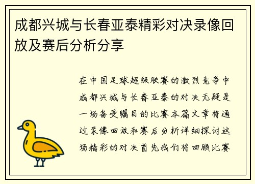 成都兴城与长春亚泰精彩对决录像回放及赛后分析分享