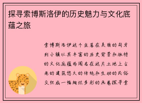 探寻索博斯洛伊的历史魅力与文化底蕴之旅